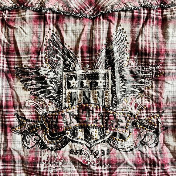 Maurices Plaid Thin Summer Button Down Top with Back Detail - Picture 2 of 10